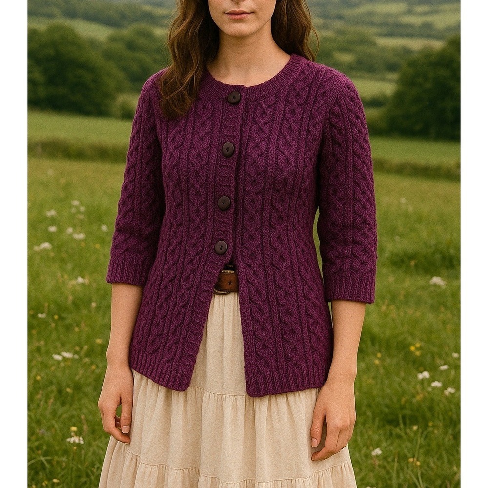 Kilronan Ireland‎ 100% Merino Wool Purple XS Cardigan Cable Knit Aran Irish